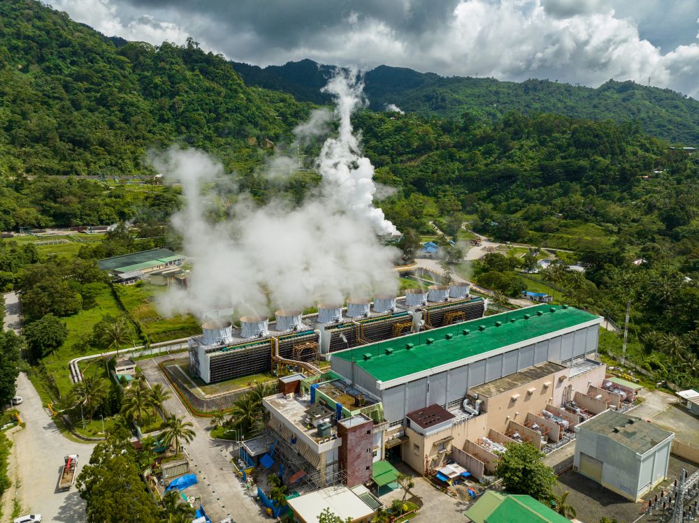 Geothermal power plant in a mountainous province. Renewable energy production at a power station. Negros, Philippines.