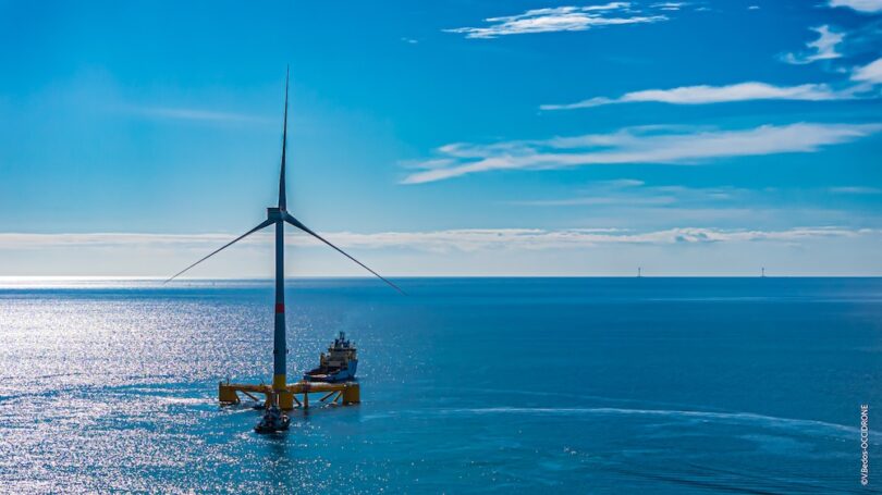 Floating offshore wind turbine installed off the coast of Occitanie, France, as part of Ocean Winds’ EFGL project