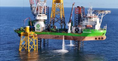 DEME’s installation vessel Innovation setting the first jacket foundation at the Dieppe–Le Tréport offshore wind farm in France.