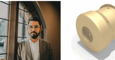 Dr Batuhan Aktas, Managing Director of EcoNavis Solutions, alongside a CAD model of the Eco Boss Cap propeller hub technology