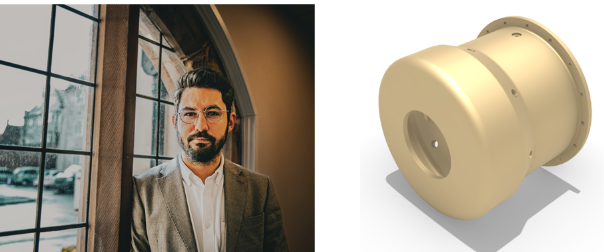 Dr Batuhan Aktas, Managing Director of EcoNavis Solutions, alongside a CAD model of the Eco Boss Cap propeller hub technology