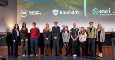 Students presenting climate action solutions at education event.