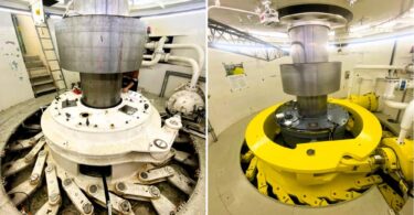 Side-by-side comparison of Roxburgh Hydropower Station’s original 1950s turbine (left) and a new Voith turbine installed in 2025 (right)