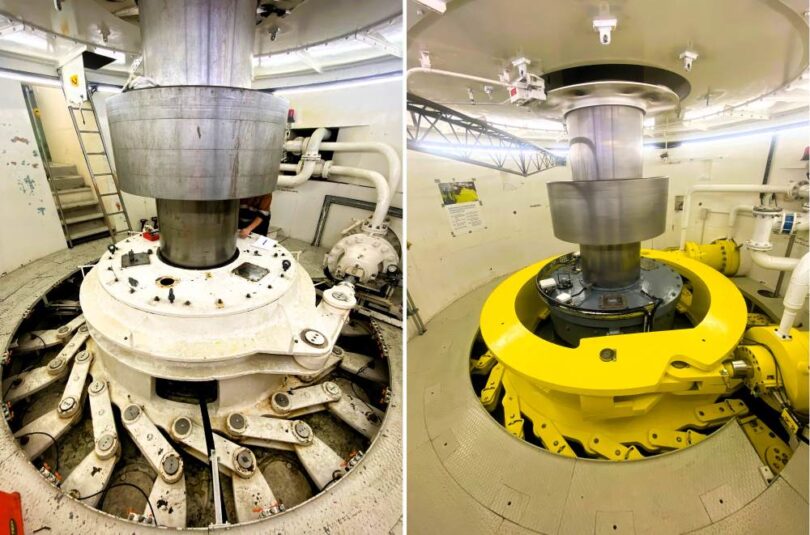 Side-by-side comparison of Roxburgh Hydropower Station’s original 1950s turbine (left) and a new Voith turbine installed in 2025 (right)