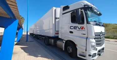 CEVA Logistics Duo Trailer truck operating in Spain as part of a sustainable transport pilot with Avolta.