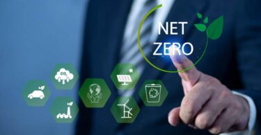 Business professional touching a digital Net Zero icon with renewable energy and sustainability symbols.