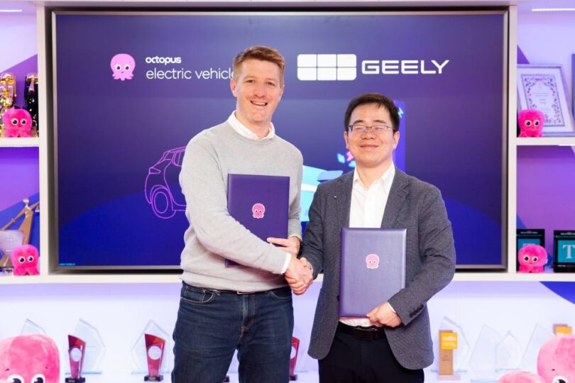 Octopus Electric Vehicles and Geely Auto UK representatives at partnership signing event.