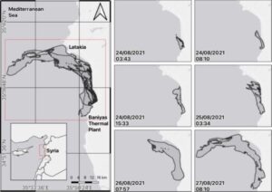 Oil slicks selected from August 24th to 27th, 2021 targeting the Baniyas oil spill accident in Syria. Each panel reports consecutive stages of the oil slick according to satellite retrievals and revisit times. 