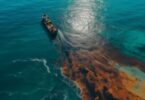 oil spill in the ocean with trajectory mapping overlays.