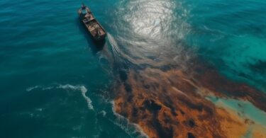 oil spill in the ocean with trajectory mapping overlays.