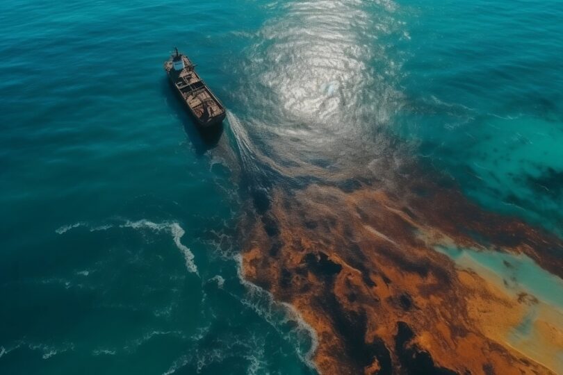 oil spill in the ocean with trajectory mapping overlays.