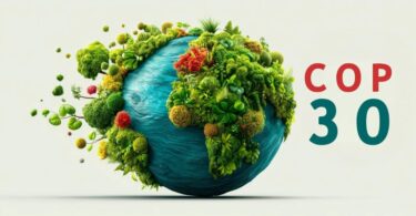 Illustration of the Earth covered in greenery representing biodiversity and climate action at COP30.