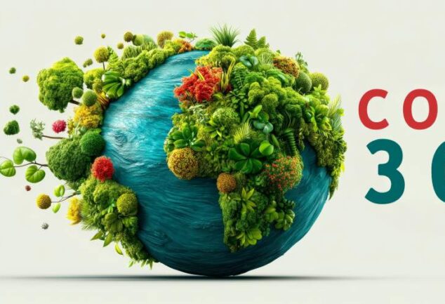 Illustration of the Earth covered in greenery representing biodiversity and climate action at COP30.