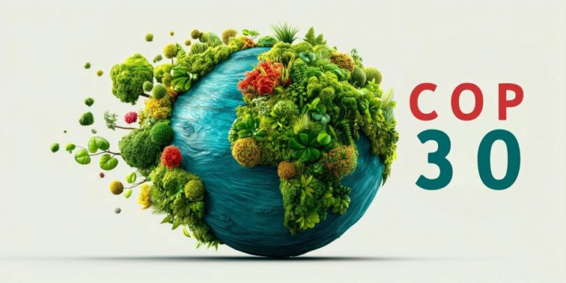 Illustration of the Earth covered in greenery representing biodiversity and climate action at COP30.