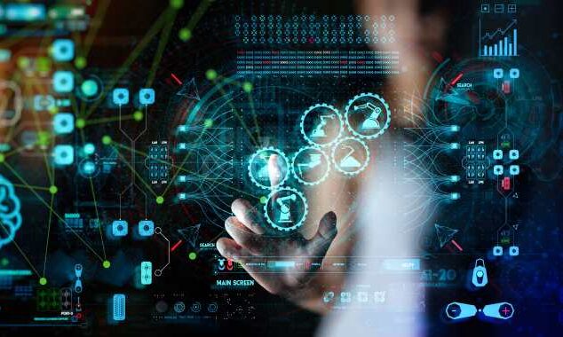 A person interacting with a digital interface displaying data visualisation, analytics icons and interconnected machinery graphics representing industrial monitoring technology.