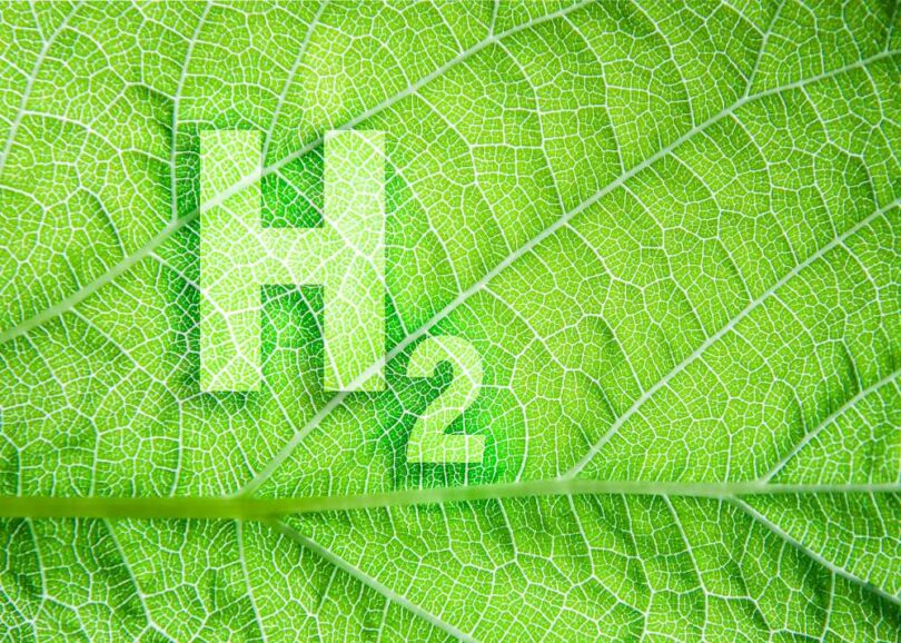 “Green hydrogen symbol H₂ overlayed on a leaf texture representing renewable fuels certification and sustainability.”