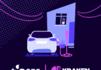 Illustration of an electric vehicle charging outside a home, with stylised energy lines and branding for EDF and Kraken.