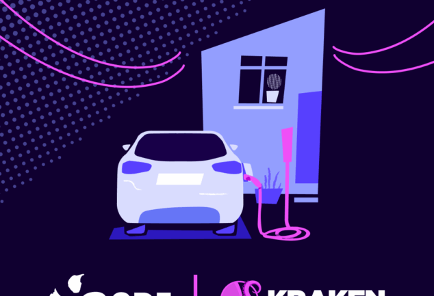 Illustration of an electric vehicle charging outside a home, with stylised energy lines and branding for EDF and Kraken.