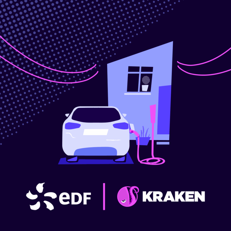 Illustration of an electric vehicle charging outside a home, with stylised energy lines and branding for EDF and Kraken.