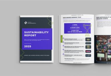 Cover and internal pages of Tunley Environmental’s 2025 Sustainability Report