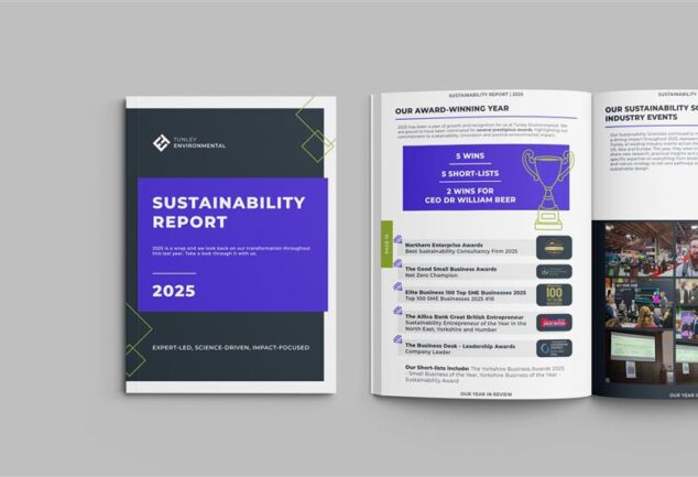 Cover and internal pages of Tunley Environmental’s 2025 Sustainability Report