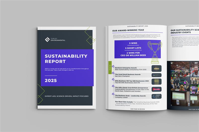 Cover and internal pages of Tunley Environmental’s 2025 Sustainability Report
