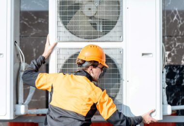 Engineer installing an air source heat pump on a residential building