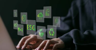 ESG reporting visual showing environmental, social and governance icons on a digital interface
