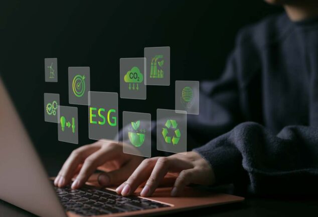 ESG reporting visual showing environmental, social and governance icons on a digital interface