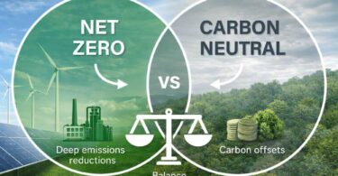 Net zero vs carbon neutral comparison showing emissions reduction and carbon offsets