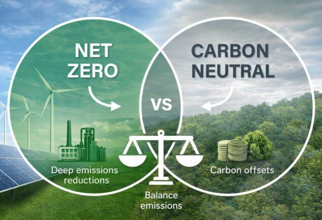 Net zero vs carbon neutral comparison showing emissions reduction and carbon offsets