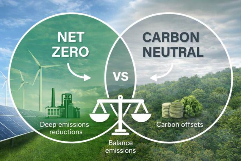 Net zero vs carbon neutral comparison showing emissions reduction and carbon offsets