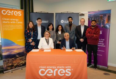 Representatives from the University of Surrey and Ceres at a clean energy research partnership signing