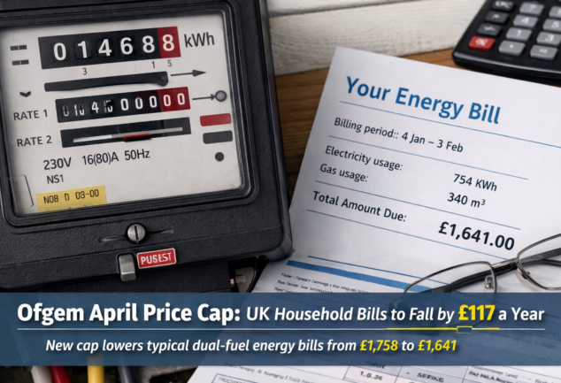 Ofgem April price cap announcement impact shown through UK household electricity meter and energy bill