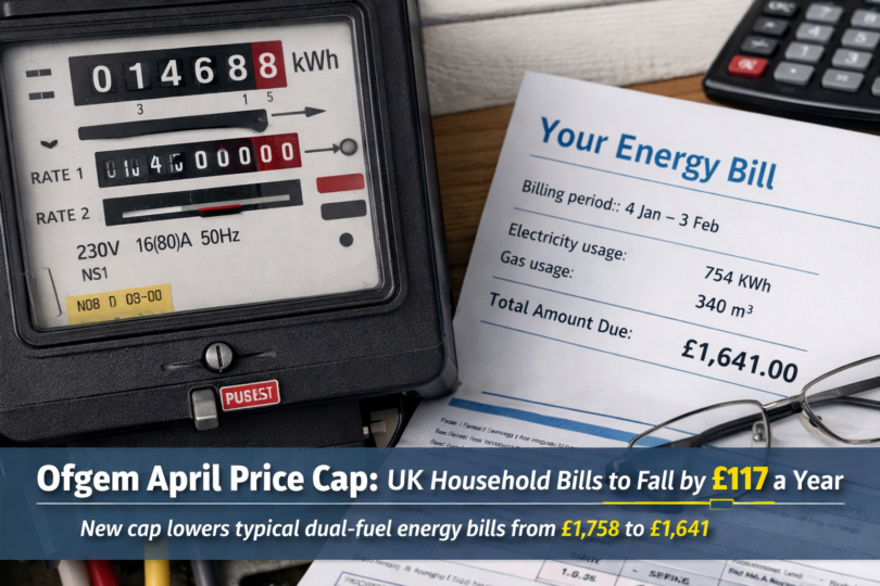Ofgem April price cap announcement impact shown through UK household electricity meter and energy bill