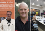 Composite image showing Decathlon and UCA CfSD partnership developing circular protective cricket gear, featuring Professor Martin Charter, Rob Davies of Decathlon Cricket, and an innovation workshop in Bangalore