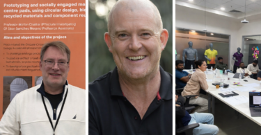 Composite image showing Decathlon and UCA CfSD partnership developing circular protective cricket gear, featuring Professor Martin Charter, Rob Davies of Decathlon Cricket, and an innovation workshop in Bangalore