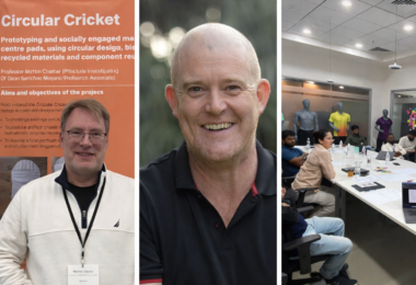 Composite image showing Decathlon and UCA CfSD partnership developing circular protective cricket gear, featuring Professor Martin Charter, Rob Davies of Decathlon Cricket, and an innovation workshop in Bangalore