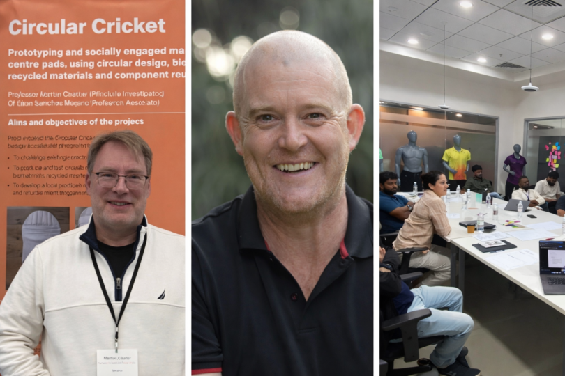 Composite image showing Decathlon and UCA CfSD partnership developing circular protective cricket gear, featuring Professor Martin Charter, Rob Davies of Decathlon Cricket, and an innovation workshop in Bangalore
