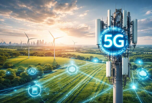 Energy-efficient 5G mobile mast with digital network overlay across UK countryside illustrating reduced carbon emissions potential