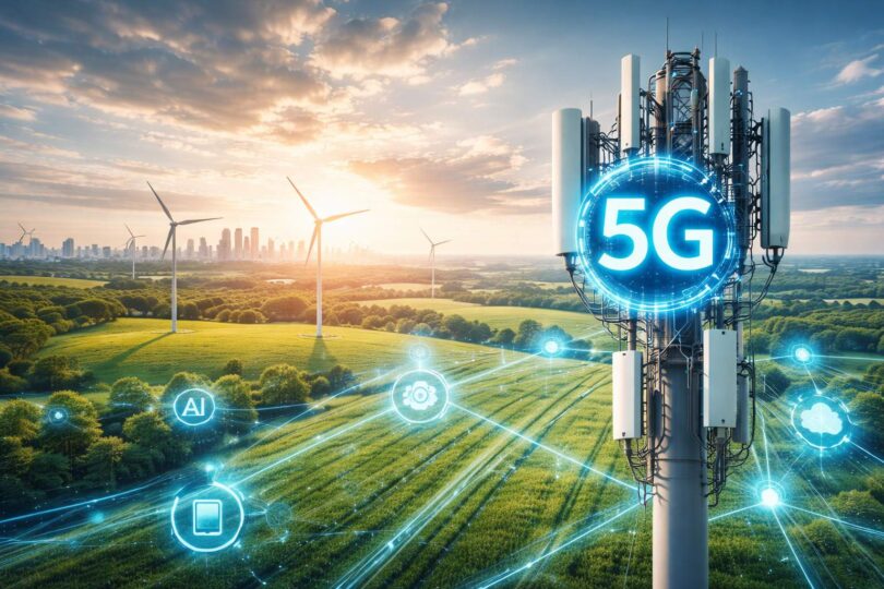 Energy-efficient 5G mobile mast with digital network overlay across UK countryside illustrating reduced carbon emissions potential