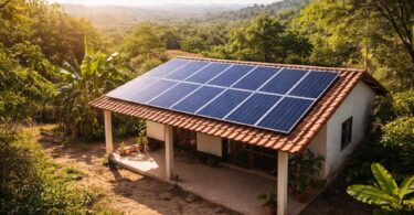 Off-grid home with rooftop solar panels providing energy in a warm rural landscape
