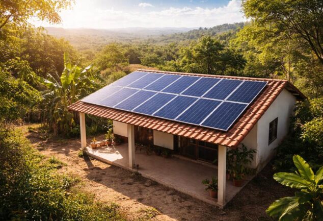 Off-grid home with rooftop solar panels providing energy in a warm rural landscape
