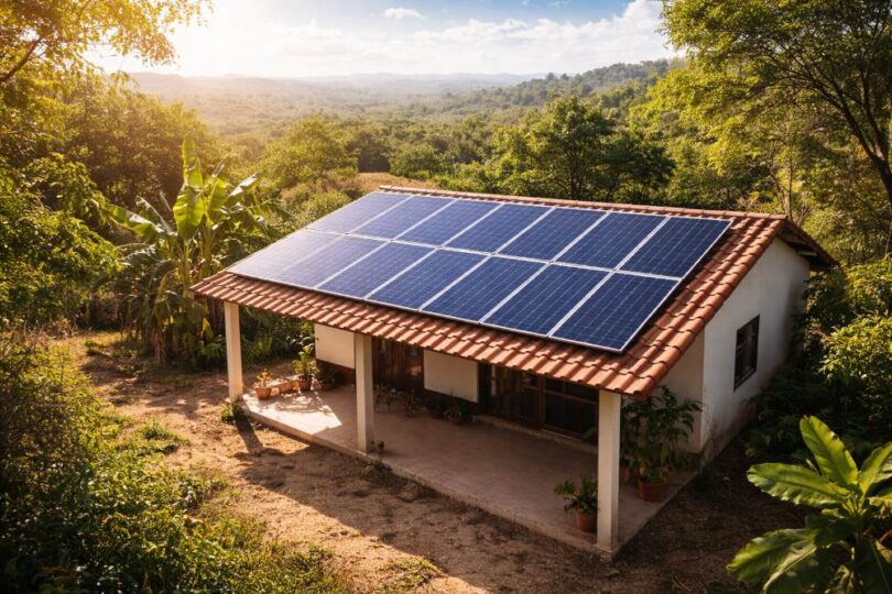 Off-grid home with rooftop solar panels providing energy in a warm rural landscape