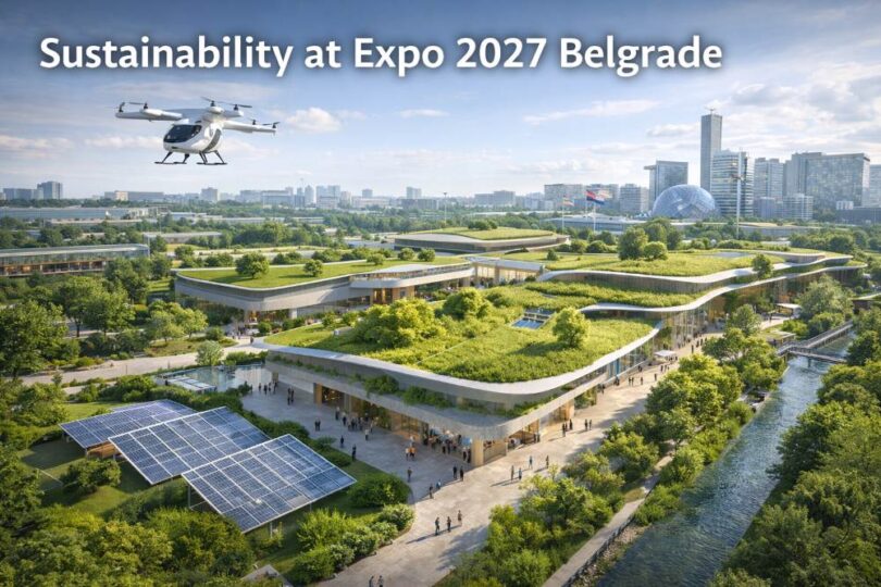 Sustainability at Expo 2027 Belgrade with green roofs, solar panels and sustainable urban infrastructure