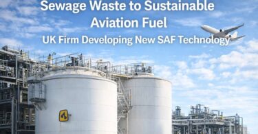 sewage sustainable aviation fuel production facility with industrial tanks and aircraft illustrating waste-to-SAF technology