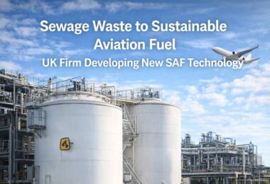 sewage sustainable aviation fuel production facility with industrial tanks and aircraft illustrating waste-to-SAF technology