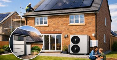 Future Homes Standard UK new build house with solar panels and heat pump installed on modern energy-efficient home