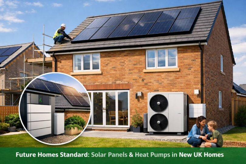 Future Homes Standard UK new build house with solar panels and heat pump installed on modern energy-efficient home