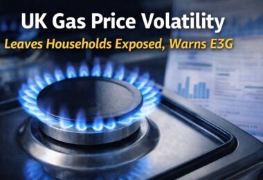 UK gas price volatility affecting household energy bills shown by gas flame on hob